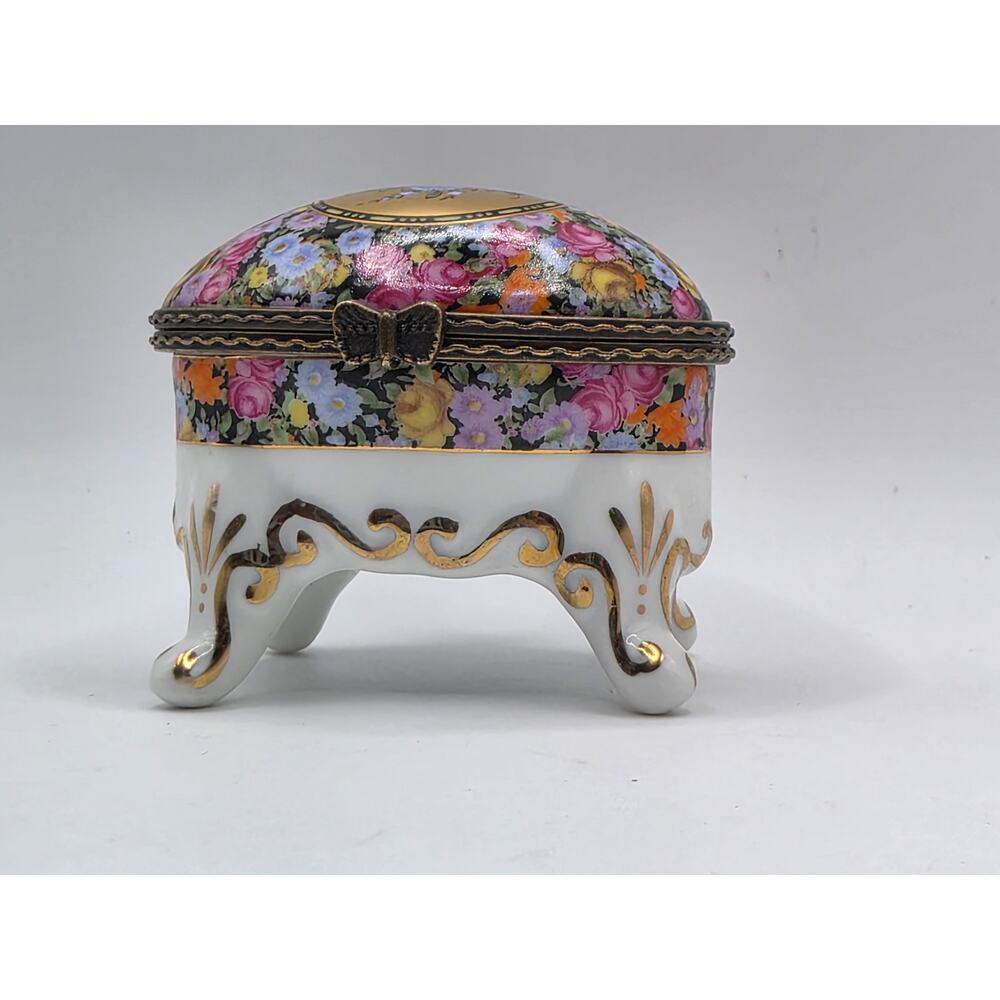 Porcelain Floral Trinket Box Meissen Style Gold Gilt Footed Hinged Oval Dish